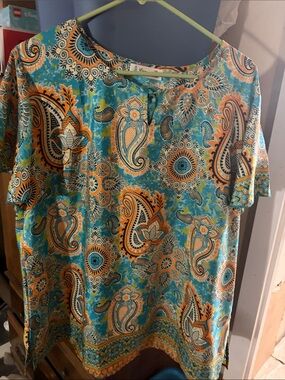 Paisley Short Sleeve Tunic Top in Teal and Orange